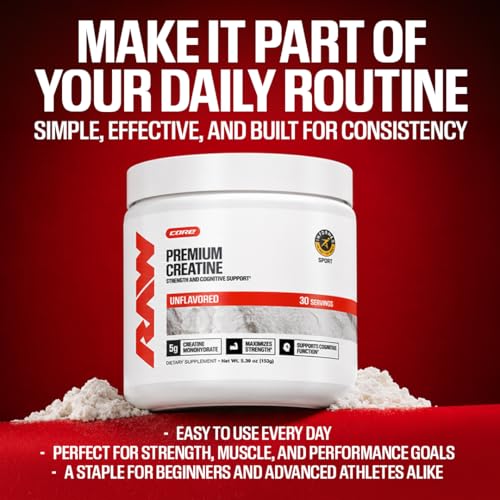 RAW Nutrition Creatine Monohydrate Powder, Unflavored (100 Servings) - Micronized Creatine Monohydrate Supplement for Workout Performance, Build Muscle & Strength - Creatine Powder for Men & Women