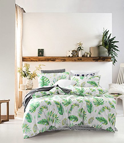 Tree Leaves Duvet Cover Set, 100% Cotton Bedding, Green Monstera Plant and Banana Leaves Pattern Printed on White, with Zipper Closure (3pcs, Queen Size)