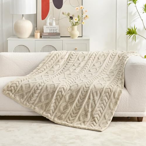 Photo 1 of Cozy Bliss Faux Fur Throw Blanket for Couch, Jacquard Fuzzy Plush Soft Thick Winter Throw Blanket for Sofa Bed Living Room Bedroom, 50 * 60 Inches Khaki