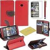 Fulland Wallet Card Holder PU Leather Pouch Flip Leaf Style Case Cover with Stand for HTC One M7 Plus Stylus Pen and Screen Protector-Red