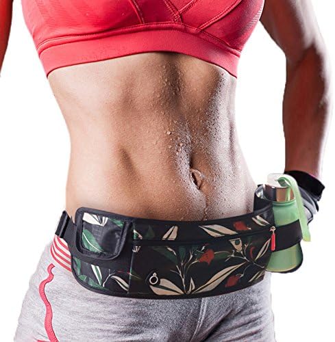 Ybester Original Flip Belt Adjustable Running Belt Waist Bag Waist Pack Fitness Belt with Water bottle iPhone for Runners Race Marathon Hiking - Men and Women (Green Leaves)