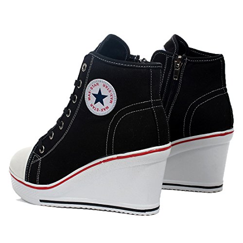 mewow Womens Girl's Casual Plus Size High Top Wedge Heel Canvas Shoes Fashion Sneaker (6.5, Black) - Thumbnail 4
