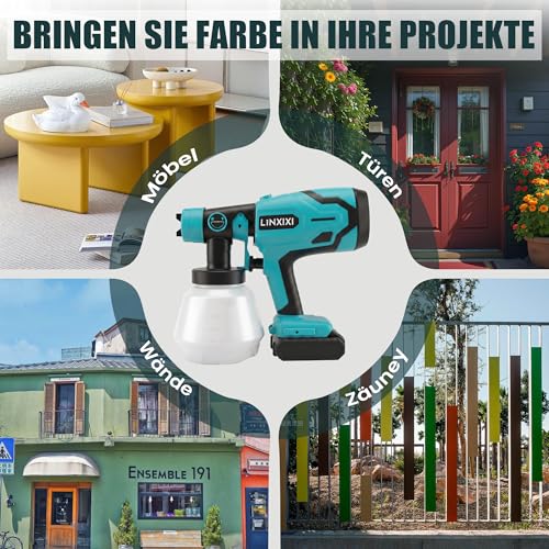 Battery Paint Spray System for Makita 18 V Battery, Wireless Paint Spray Gun, 1000 ml Container, 4 Nozzles & 3 Spray Patterns, Spray Gun for Wall Paint, Furniture, Fences, Garden Fences (without Battery)