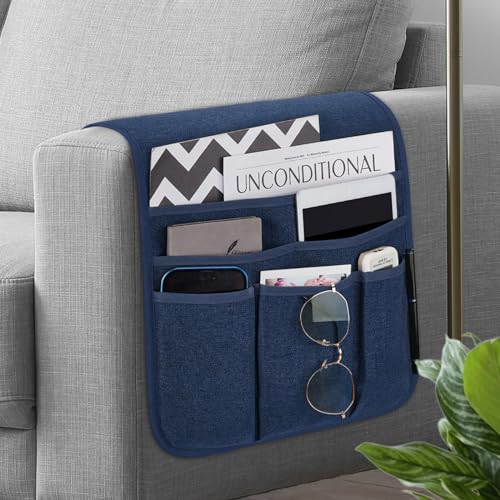 Photo 1 of Remote Control Holder Armchair Caddy for Recliner Couch, Non-Slip Armrest Organizer with 5 Pockets for Magazine, Tablet, Phone, iPad (Blue)