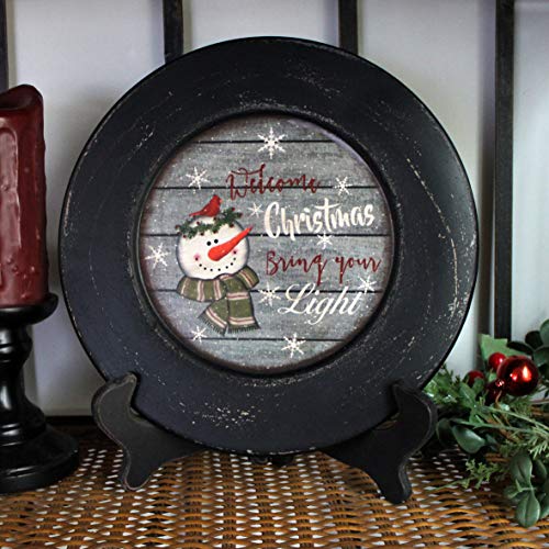 CVHOMEDECO. Snowman Welcome Christmas Decorative Plate Rustic Distressed Round Display Wooden Plate Home Décor Art, 10-3/4 Inch - Thumbnail 3
