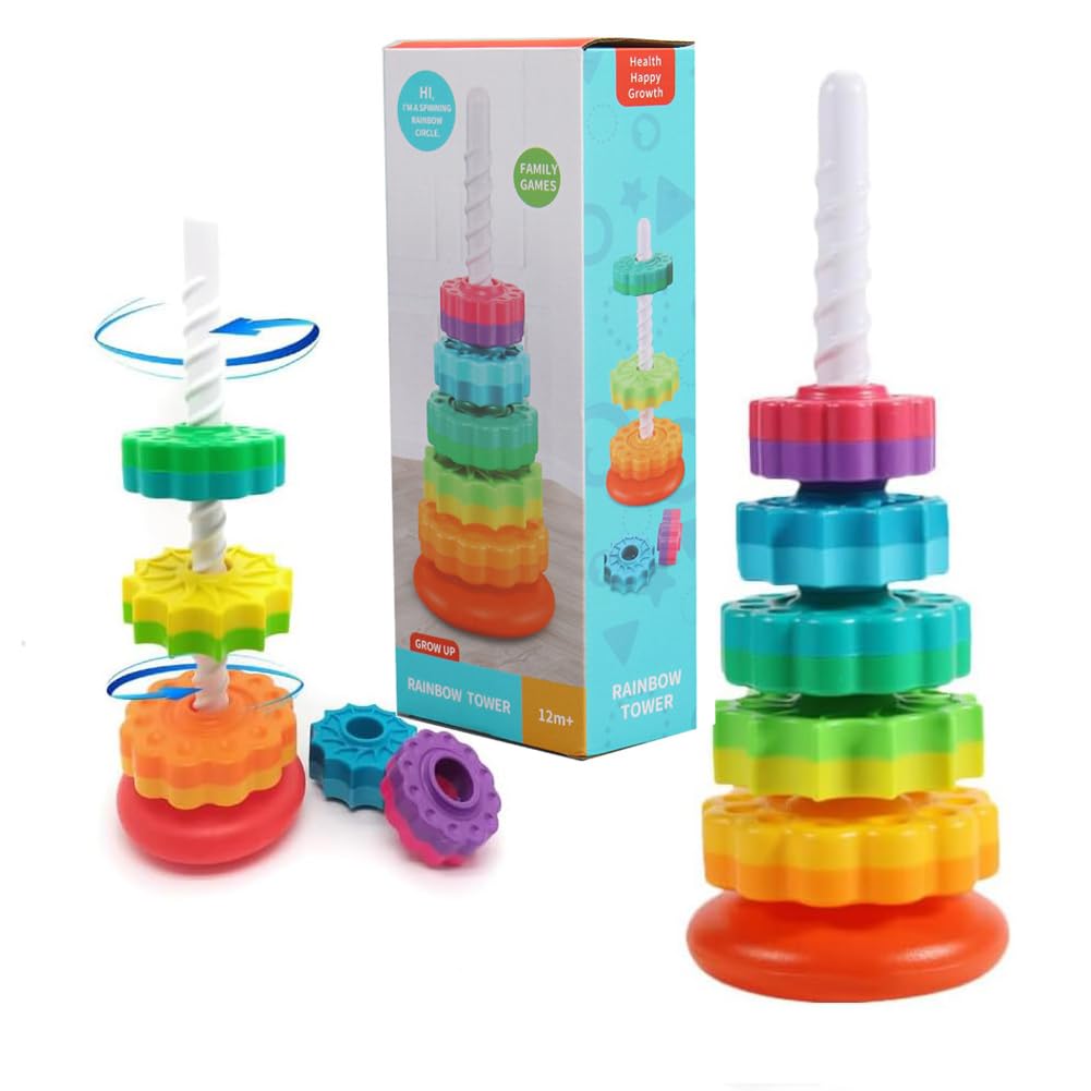 Starnearby Baby Spinning Toy Rainbow Stacking, Sensory Spin Gears Stacking Rings Toy, Ring Stacker Plugging Toys BPA Free, Early Educational Learning 12 Months+ (5pcs)