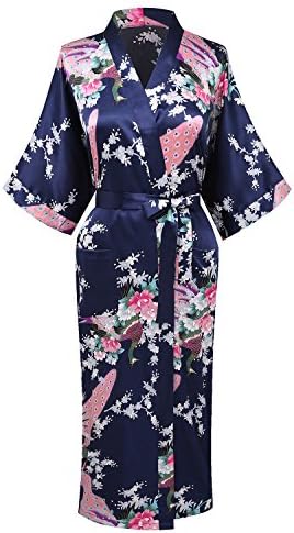 PC Long Kimono Robe with Peacock &amp; Blossoms Print for Women Red
