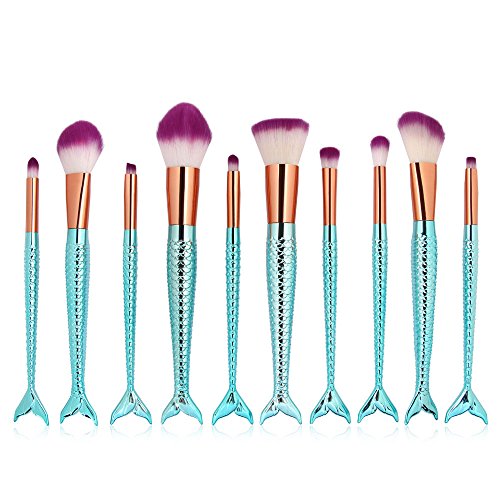 I - original 10 pcs Mermaid Makeup Brushes - Cute Beauty Cosmetic Tools for Girls Women - Powder Foundation Blush Concealer Eyeshadow Contours Brushes