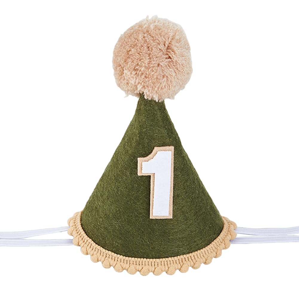 DICOSMETIC 1Pc Cloth First Birthday Hat One Birthday Hats Dark Olive Green Birth Felt Hat with Brown Pom Topper Puppy 1st Birth Hats Cake Smash Photo Prop for Party Decor