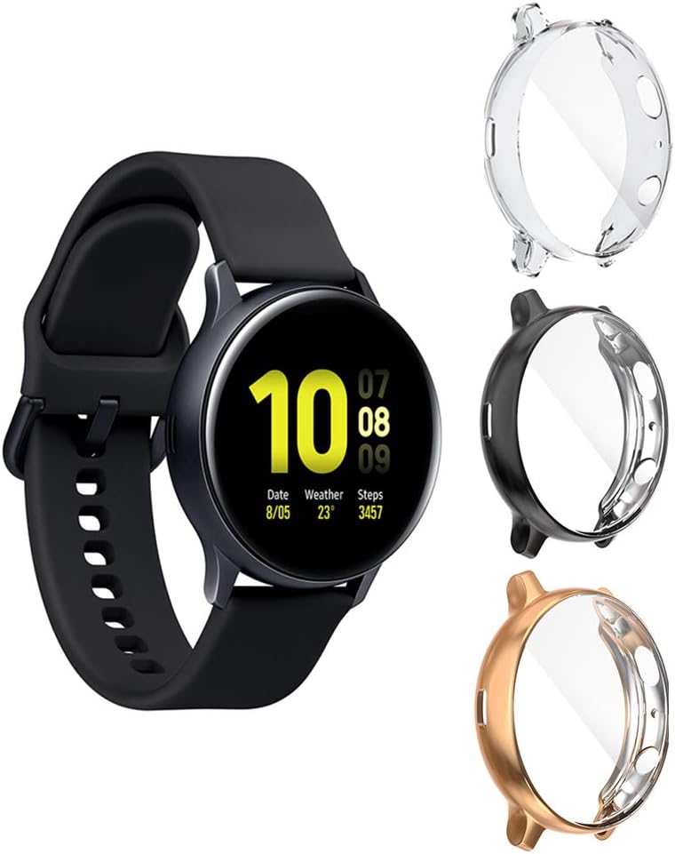 Halnziye Screen Protector for Galaxy Watch Active 2 (44mm) - 3 Packs Ultra Slim Soft Full Protective Cover Case for Samsung Galaxy Watch Active2 (Clear+Black+Rose Gold)