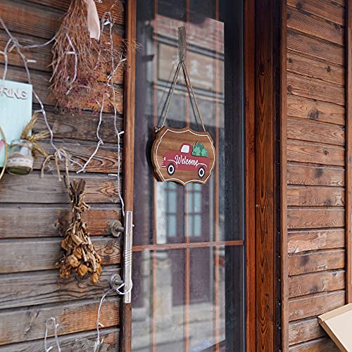 Welcome Sign, with 14 pcs Interchangeable Seasonal Ornaments Rustic Red Truck Home Sign for Front Door Decor, Seasonal Wall Hanging for Holidays