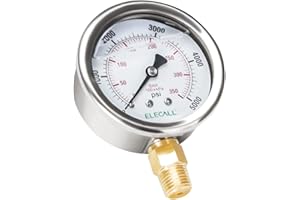 ELECALL 5000psi Silicone Oil Filled Hydraulic Pressure Gauge for Water Oil Air Pressure Test in Pool Pump Sand Filter Air Compressor Water System, 2-1/2" Stainless Steel Case, Lower Mount 1/4"NPT