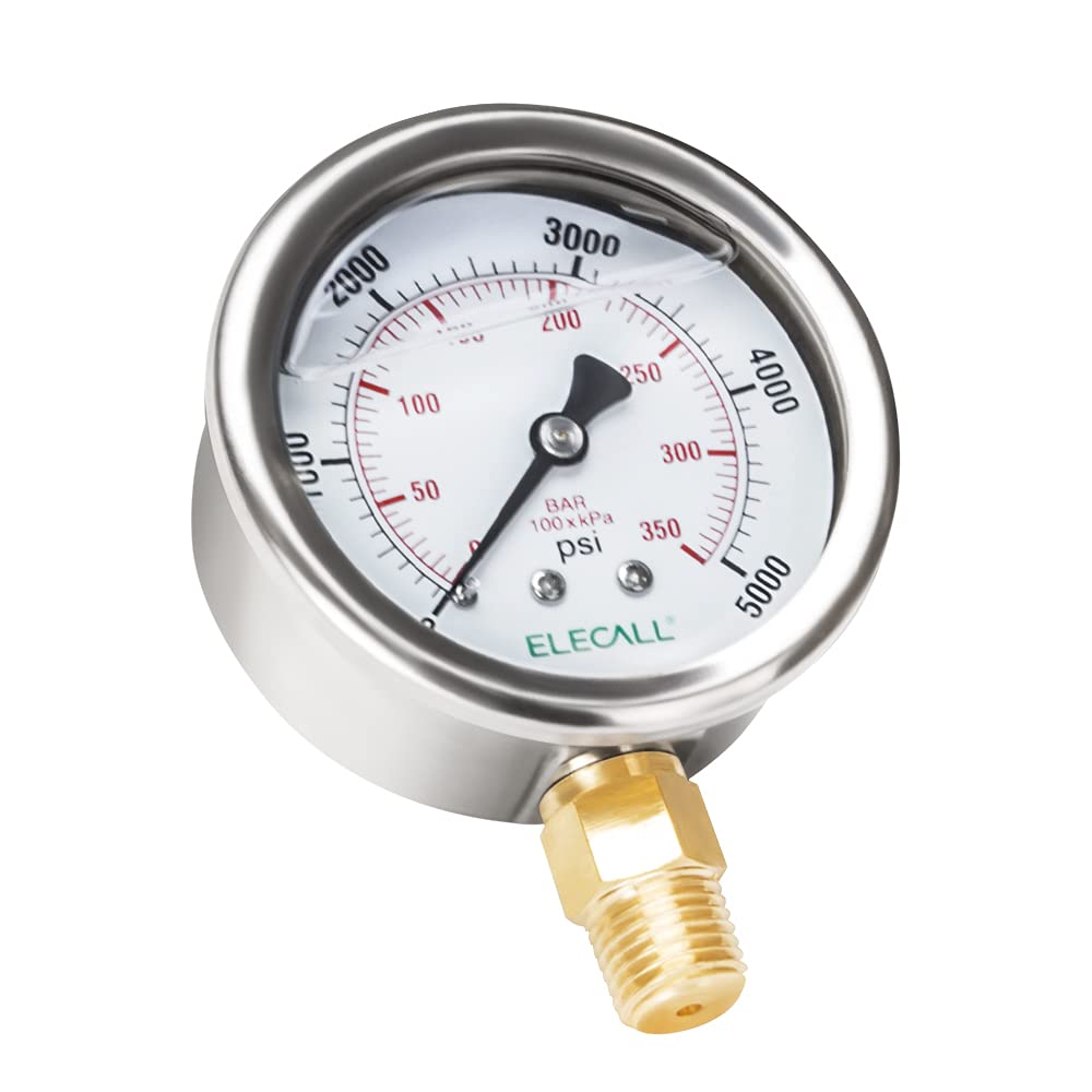 ELECALL 5000psi Silicone Oil Filled Hydraulic Pressure Gauge for Water Oil Air Pressure Test in Pool Pump Sand Filter Air Compressor Water System, 2-1/2" Stainless Steel Case, Lower Mount 1/4" NPT — image 1