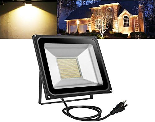 with a US 3-Plug Led Flood Lights 100W 10000LM Warm White Outdoor Security Floodlights IP65 Waterproof for Garage Billboard Garden Stairs 3500K AC110V