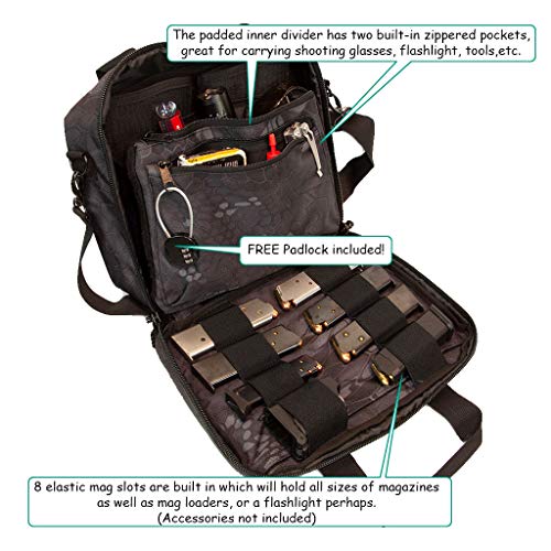 Pistol Case Range Bag for Handguns by FirstChoice; 2-4 Gun Padded Tactical Handgun Soft Case, Lockable Zippers w/Padlock, 3 Mini-Holsters, 8 Mag Slots, 4 Pockets, Range Mat (Black Kryptek Camo)