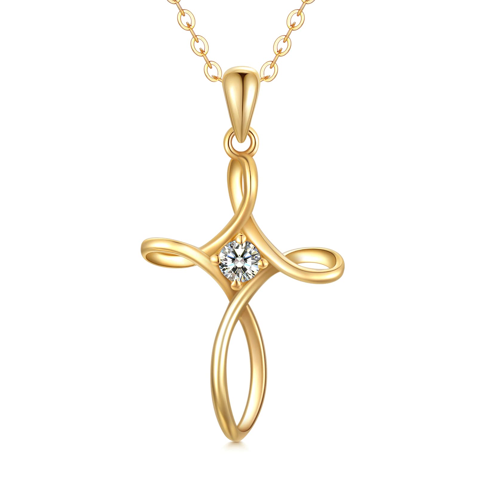SISGEM 9 ct Gold Inifinity Cross Necklace, Solid Yellow Gold Faith Pendant Necklace with Moissanite, for Women Girls Ladies Mum Sisters, 16"+1"+1"