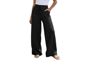Women Linen Pant Casual Drawstring Wide Leg Palazzo Pants High Waisted Summer Beach Vacation Slacks with Pockets