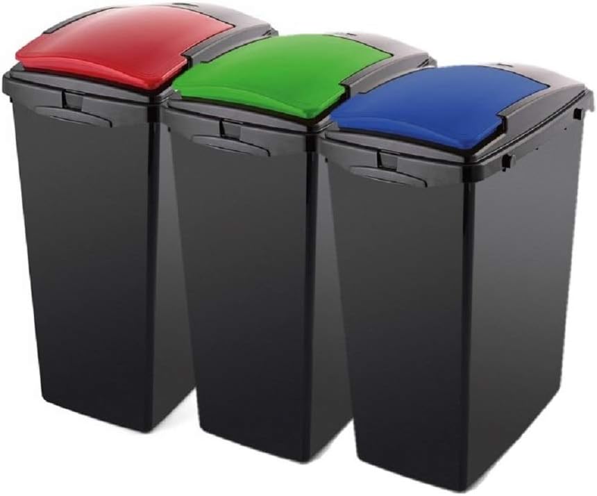 Addis 40 Litre Recycling Bins Set of 3 with Interlocking Clips Blue Red Green