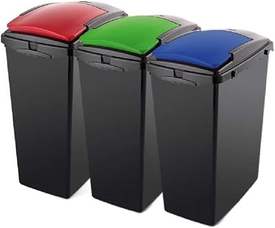 Addis 40 Litre Recycling Bins Set of 3 with Interlocking Clips Blue Red Green
