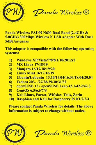 Panda Wireless® PAU09 N600 Dual Band (2.4GHz and 5GHz) Wireless N USB Adapter W/Dual 5dBi Antennas - Windows 7/8/10/11, Zorin, Mint, Ubuntu, openSUSE, Fedora, Centos, Kali and Raspbian