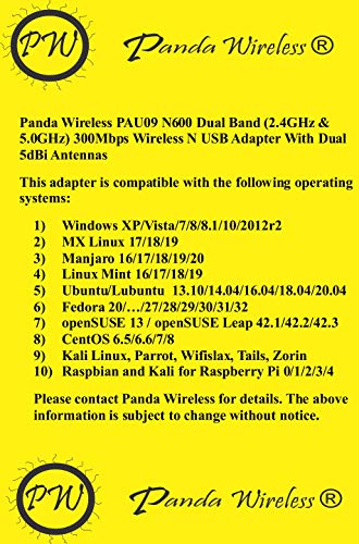 panda wireless pau09 n600 adaptador usb inalámbrico n de banda dual  con antenas duales de 5dbi - windows xp / vista / 7/8 / 8.1 / 10, mint, ubuntu, opensuse, fedora, centos, kali linux y raspbian