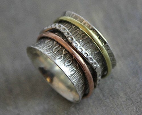 Sterling Silver Mixed Metals Brass Copper Leaf Detailing Bohemian Spinning Fidget Ring, Size 8