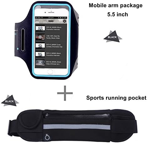 Sport Armband Phone Holder + Running Belt Waist Pack, Sweat-proof with Earphone Hole for iPhone 6/6s/7/7plus/8/8 plus for Marathon, Exercise, Hiking , Workout(Armband Bag with Touch+ Waist Pack)