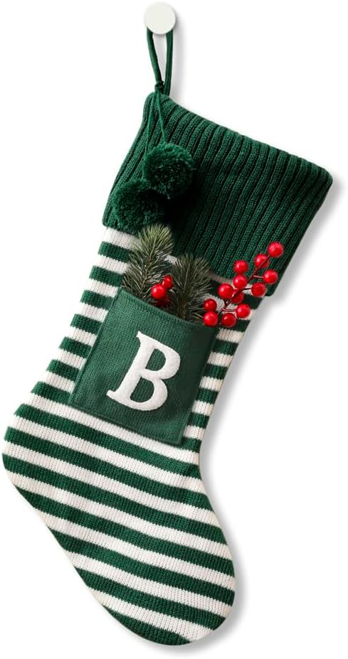 Stockings & Holders - 20 Inches Initial Monogram Embroidered Christmas Stocking Striped knitted Christmas Decorations Stocking Red,White, Green Letter Stockings for Family Holiday and Xmas Tree Fireplace Decor-50-B-Green