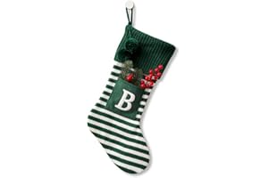 OJCHRLKF 20 Inches Initial Monogram Embroidered Christmas Stocking Striped knitted Christmas Decorations Stocking Red,White, Green Letter Stockings for Family Holiday and Xmas Tree Fireplace Decor-50-B-Green
