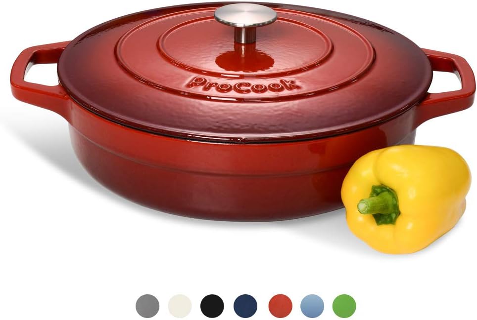 ProCook - niedriger Bratentopf aus Gusseisen - induktionsgeeignet - 28 cm Ø - 3,9 l Volumen - in schattiertem Rot - emailliert - Bräter - Schmorpfanne