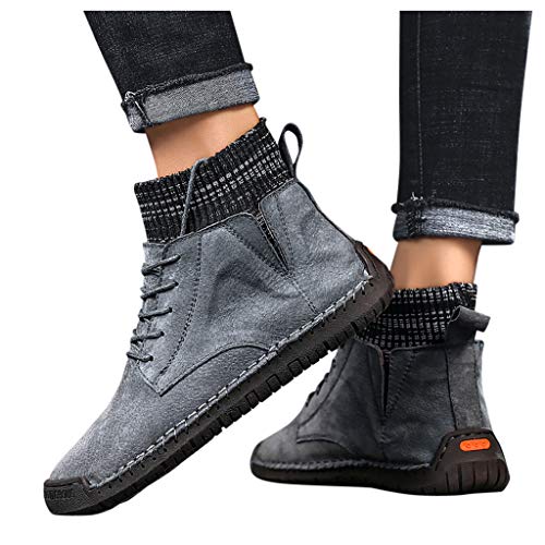 Respctfulâœ¿ Men Classic Slip On Driving Ankle Boots Knit Fur Lining Winter Lace-up Boots Handmade Casual Chukka Shoes Gray