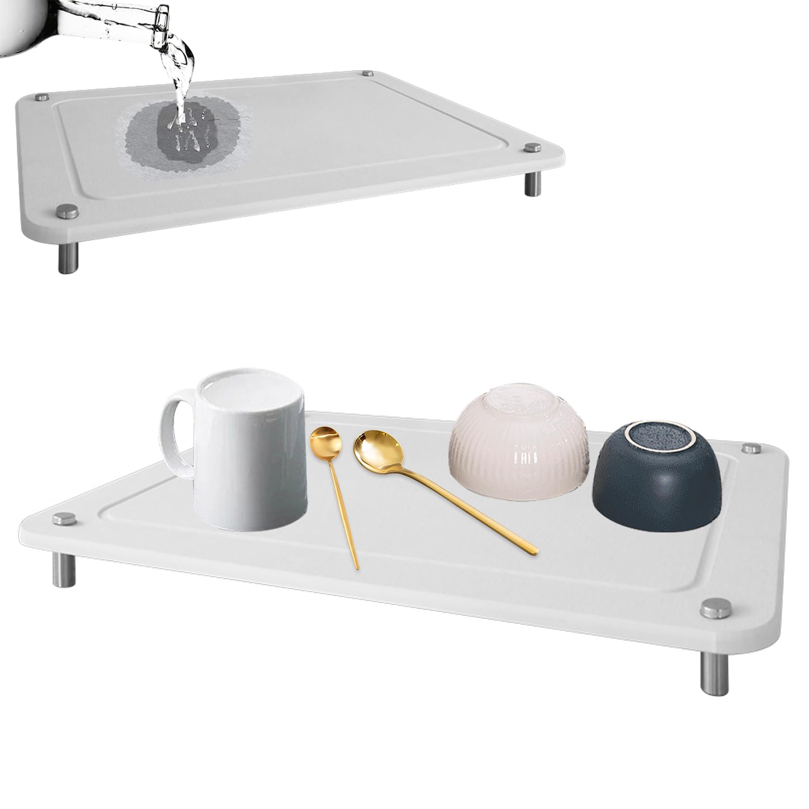 mumisuto Stone Dish Drying Mats for Kitchen Counter, Diatomaceous Earth Absorbent Stone Tray with Stainless Steel Feet, Heat-Resistant Stone Dish Drying Mats for Kitchen Counter