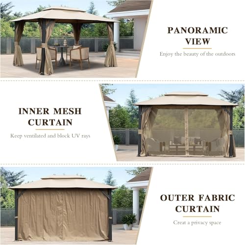 10x13ft Heavy Duty Metal Gazebo with Double Roof, Mosquito Netting & Privacy Curtains for Patio & Backyard image 14