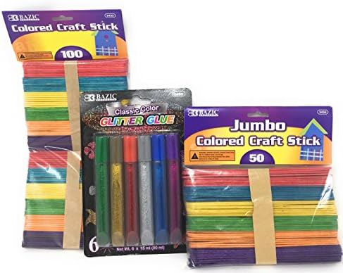Bazic Bright Colored Craft Stick Bundle: 100 Small Sticks, 50 Jumbo Sticks and 6 Tubes of Classic Glitter Glue