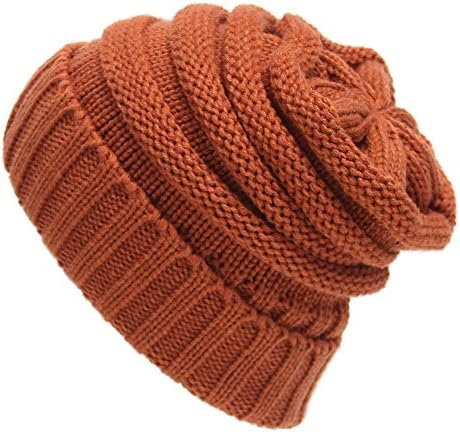 NLOKER Warm Soft Cable Knit Skull Cap Slouchy Beanie Winter Hat - Unisex (Rust Red)