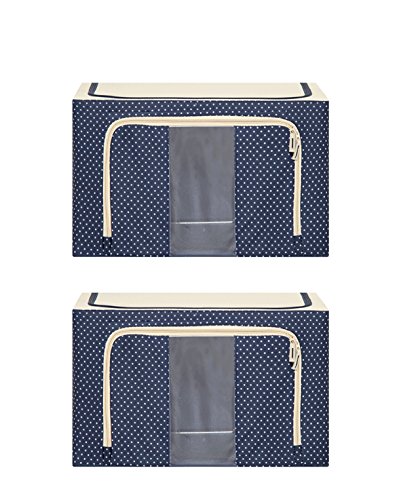 JJMG Stackable Storage Box Polka Dots Oxford Cloth Steel Frame Shelf Quilt Clothing Blanket Pillow Shoe Holder Container Organizer See-through Window double zipper Folding - Dark Blue (2 pack x 66L)