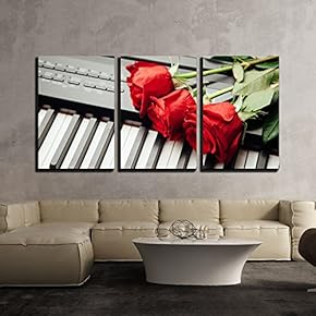 3 Piece Canvas Wall Art - Piano Keys and Red Roses - Modern Home Art Stretched and Framed Ready to Hang - 16"x24"x3 Panels