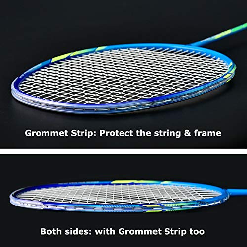 WHIZZ 2 PCS 100% Graphite Badminton Racket Set, Frame/String Protection Design, Large Badminton Bag / 2 Grip Tapes Included (Blue/Pink)