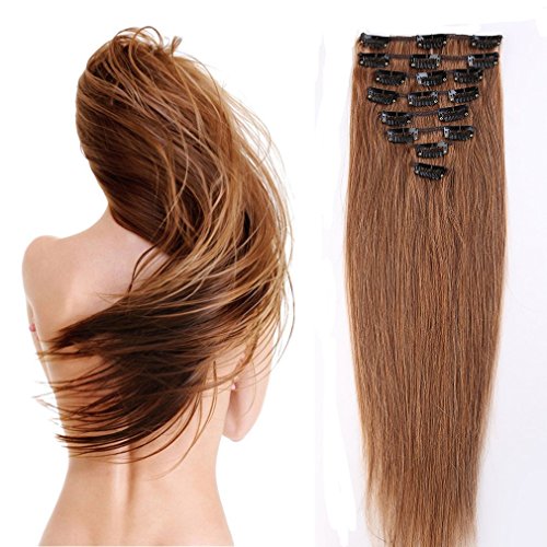 #6 Light Brown 100% Real Remy Clip in Human Hair Extensions 16-22inch Grade AAAAA Natural Hair Full Head Standard Weft 8 Pieces 18 Clips Long Straight for Women Fashion 22