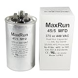 MAXRUN 45+5 MFD uf 370 or 440 Volt VAC Round Motor Dual Run Capacitor for AC Air Conditioner Condenser - 45/5 uf MFD 440V Straight Cool or Heat Pump - Will Run AC Motor and Fan - 1 Year Warranty