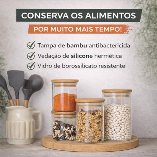 Conjunto de 11 Potes de Vidro Herméticos com Tampa de Bambu – Organizadores de Mantimentos para Cozinha – Recipientes para Grãos, Cereais, Café e Temperos – Potes de Vidro com Vedação de Silicone