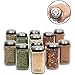 Adjustable Glass Spice Jars (Set of 12) with 6 Pouring Sizes- Stainless Steel Lid/Cap- Square Seasoning Bottle Containers for Minimalist Kitchen Pantry Storage Organization- Fill Shaker w Salt Pepper