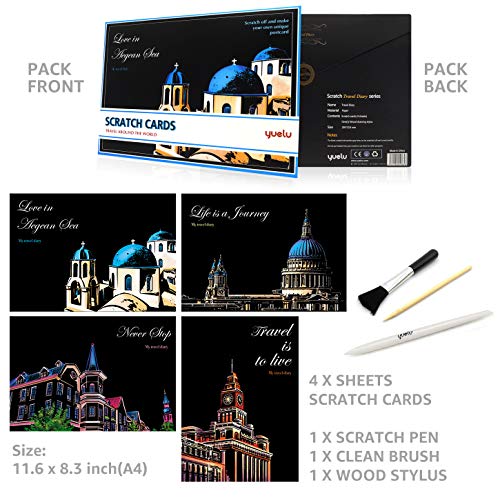 C-pop Scratch Art, Scratch Art Paper DIY Night View Scratchboard for Adult and Kids, with Stylus/Black Brush,8.2''x11.4'' (Travel Diary)