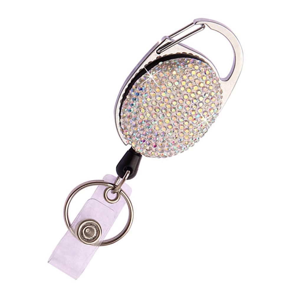 Bling Rhinestone Retractable Badge Reel, Glitter ID Badge Holder with Belt Clip and Key Ring, Pull Cord up to 24 inches, Women Girls Gifts, Pack of 1, AB Color
