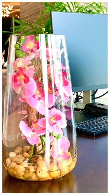 SMArtDecor Ltd - Decorative Artificial Orchid Flowers, Handcrafted Vase 16x16x29cm Set in Faux Water (Pink)