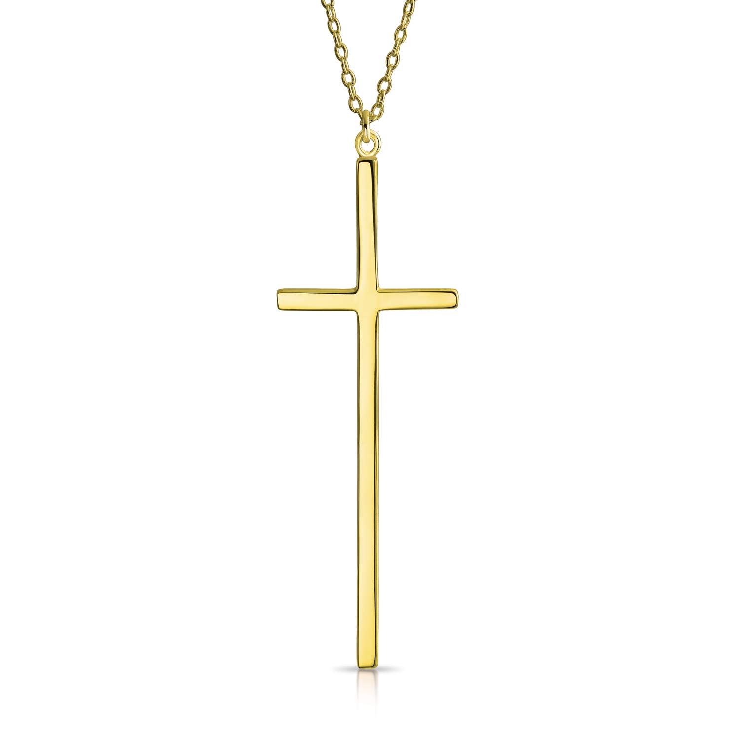 Bling Jewelry Modern Elongated Simple Basic Long Flat Thin Delicate Religious Latin Cross Pendant Necklace For Women Teen Gold Plated .925 Sterling Silver