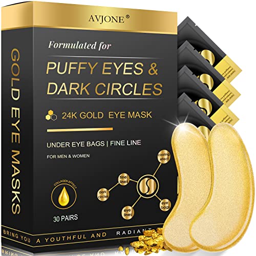 AVJONE 24K Gold Eye Mask- 30 Pairs - Puffy Eyes and Dark Circles Treatments – Relieve Pressure and Reduce Wrinkles, Revitalize and Refresh Your Skin