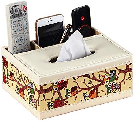 Rectangular Tissue Box Cover, ultifunction PU Leather Pen Pencil Remote Control Tissue Box Cover Holder Desk Storage Box Container for Home and Office Use (The owl)