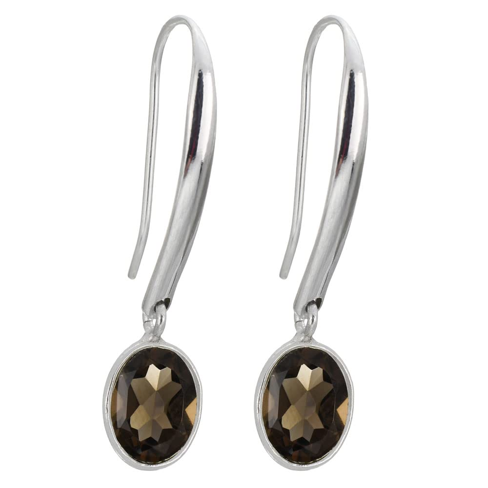 I-be, Smoky Quartz Faceted 8 x 10 mm Gemstone Earrings Long 925 Silver in Gift Box 395022 Long S
