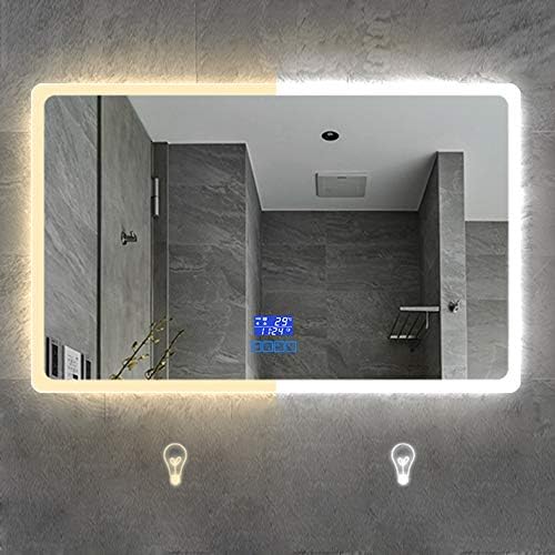 WWWRL LED Bathroom Mirror,Lighting Wall Mirror, Four Touch Switch | 2-Color Light + Time Temperature + Anti-Fog + Bluetooth Music + Explosion-Proof | - Waterproof LED - Round Corner